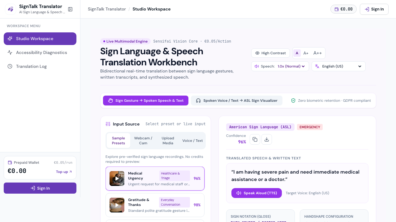 SignTalk Translator Live Workspace Interface